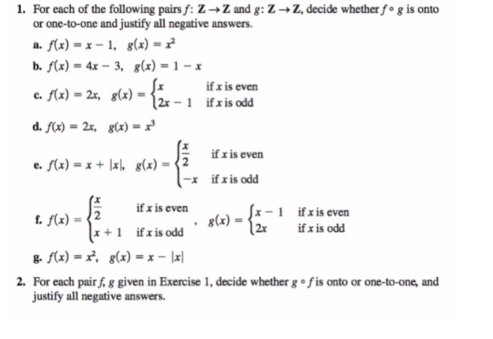 Solved 1. For each of the following pairs f: z → z and g: Z | Chegg.com