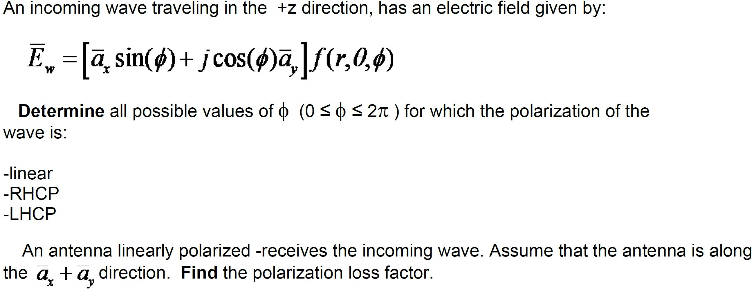Solved An incoming wave traveling in the +z direction, has | Chegg.com