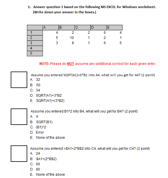 Solved 1. Answer question 1 based on the following MS EXCEL