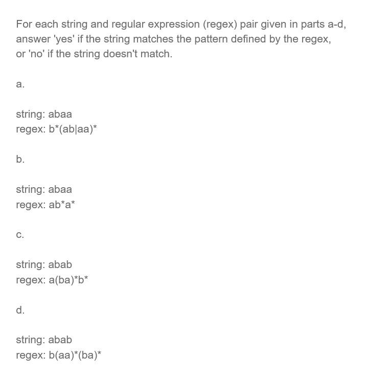 Solved For Each String And Regular Expression (regex) Pair | Chegg.com