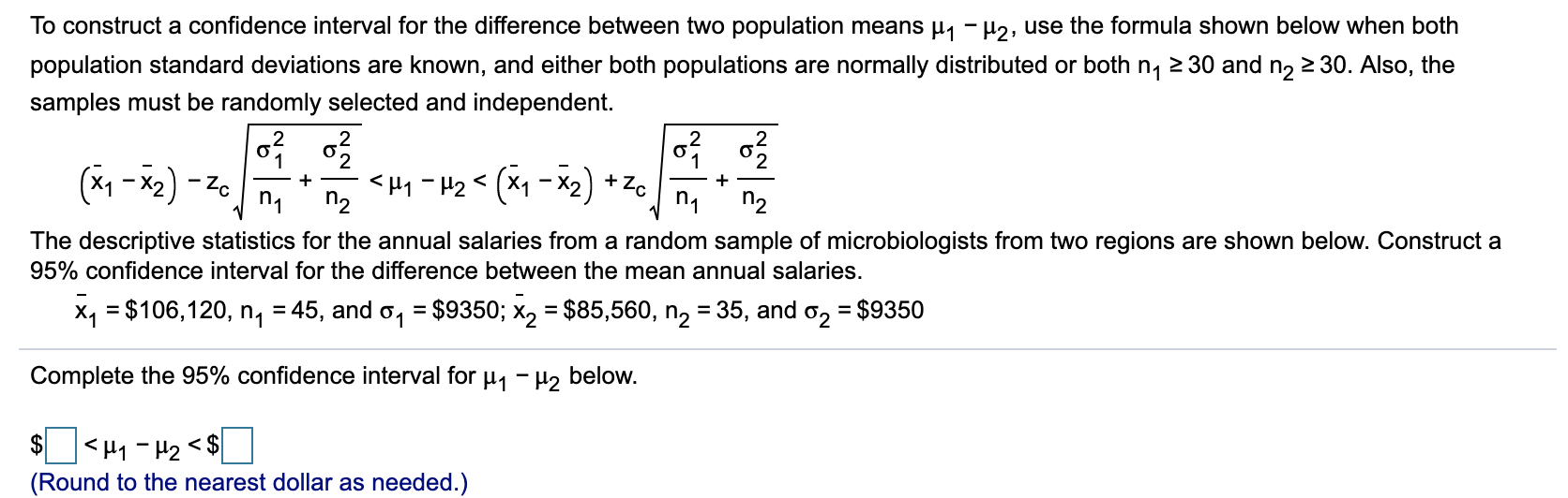 Solved To construct a confidence interval for the difference | Chegg.com