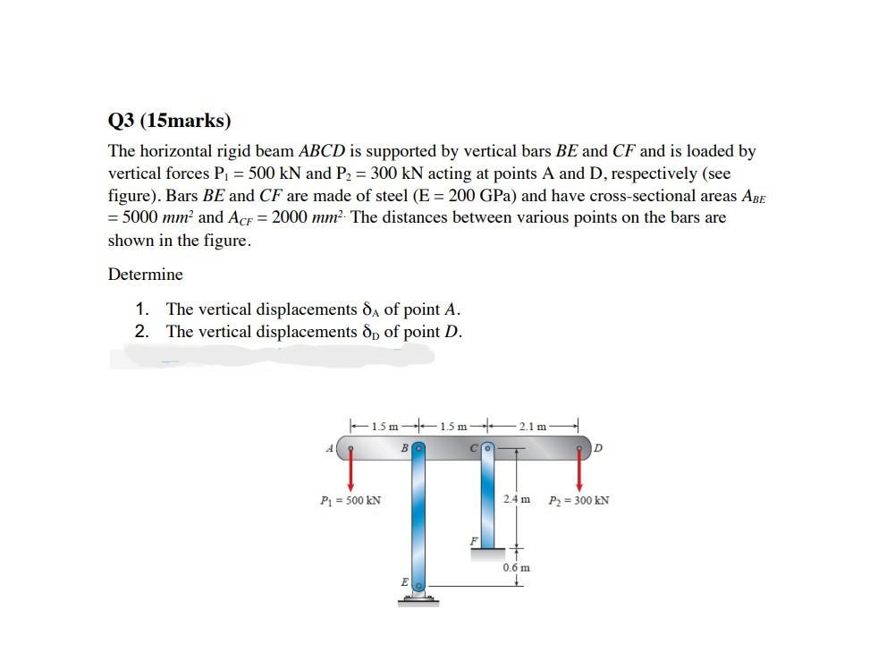 [Solved]: Q3 (15marks) The Horizontal Rigid Beam ( A B C