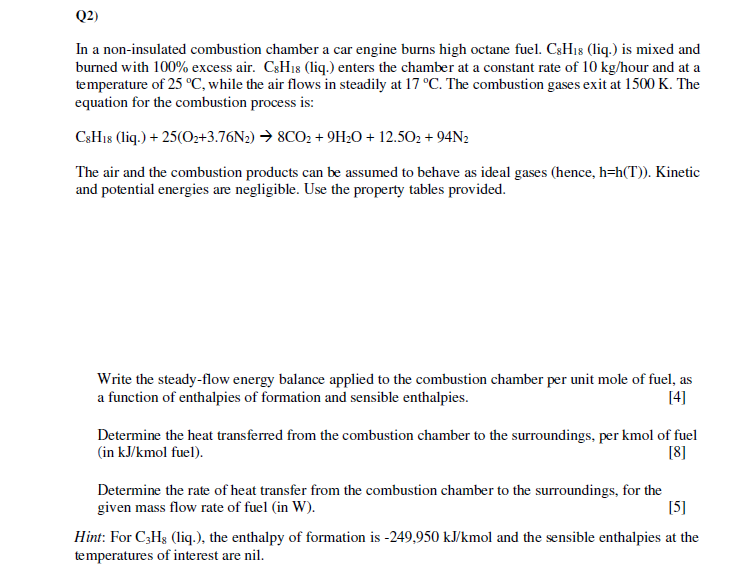 Solved In a non-insulated combustion chamber a car engine | Chegg.com
