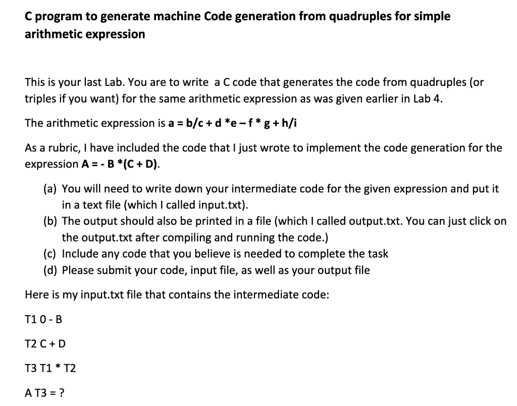Solved C program to generate machine Code generation from | Chegg.com