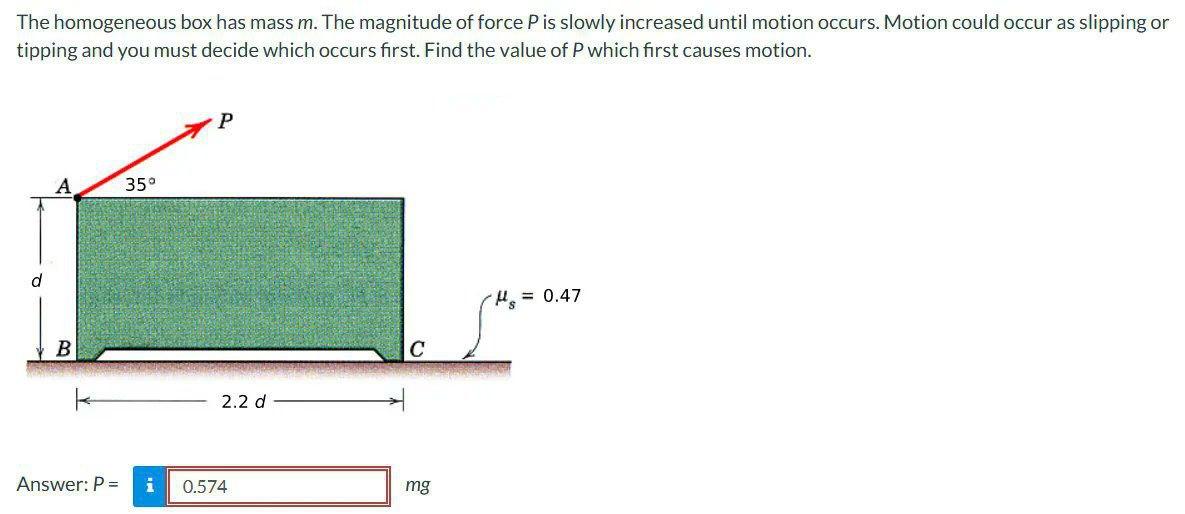 The homogeneous box has mass \( m \). The magnitude of force \( P \) is slowly increased until motion occurs. Motion could oc