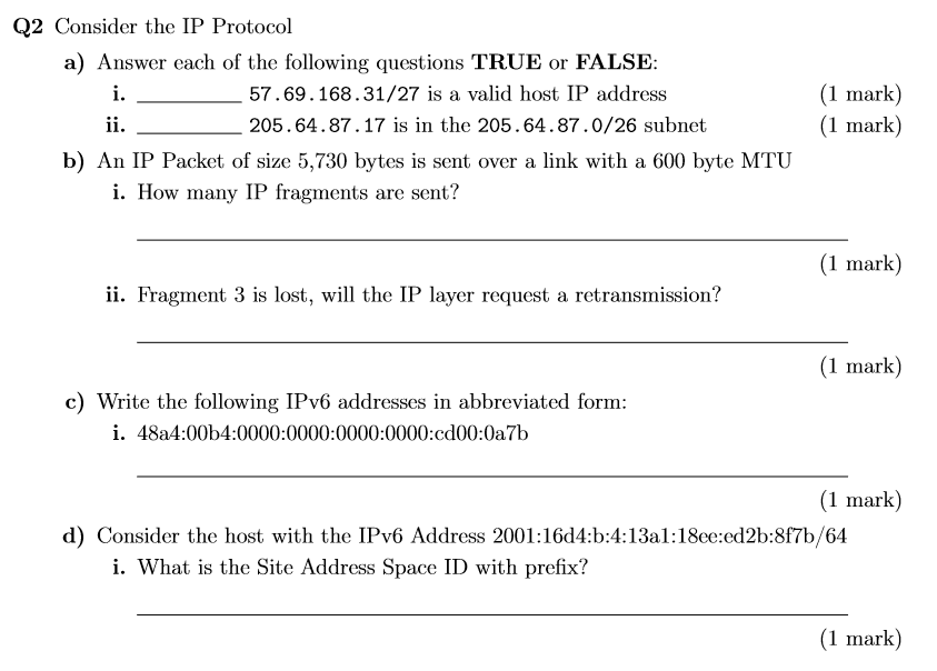 Solved Q2 Consider The Ip Protocol A Answer Each Of The Chegg Com