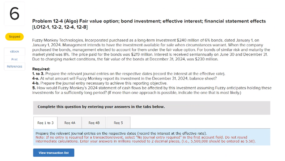 Solved Problem 12-4 (Algo) Fair Value Option; Bond | Chegg.com