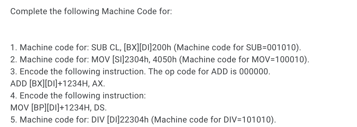 Solved Complete the following Machine Code for: 1. Machine | Chegg.com