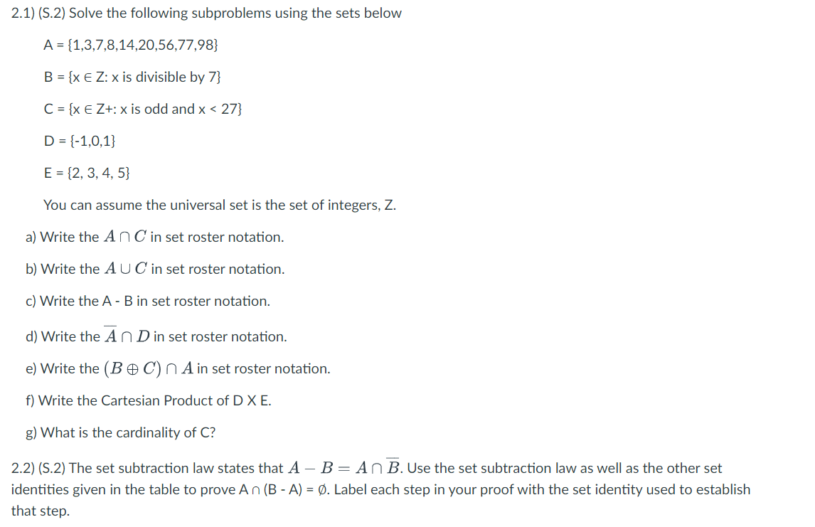 Solved 2.1) (S.2) Solve the following subproblems using the | Chegg.com