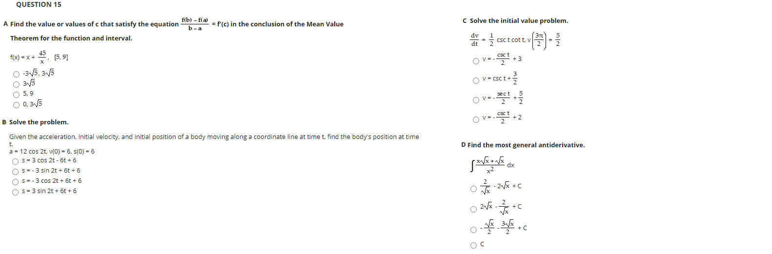 Solved QUESTION 15 A Find the value or values of c that | Chegg.com