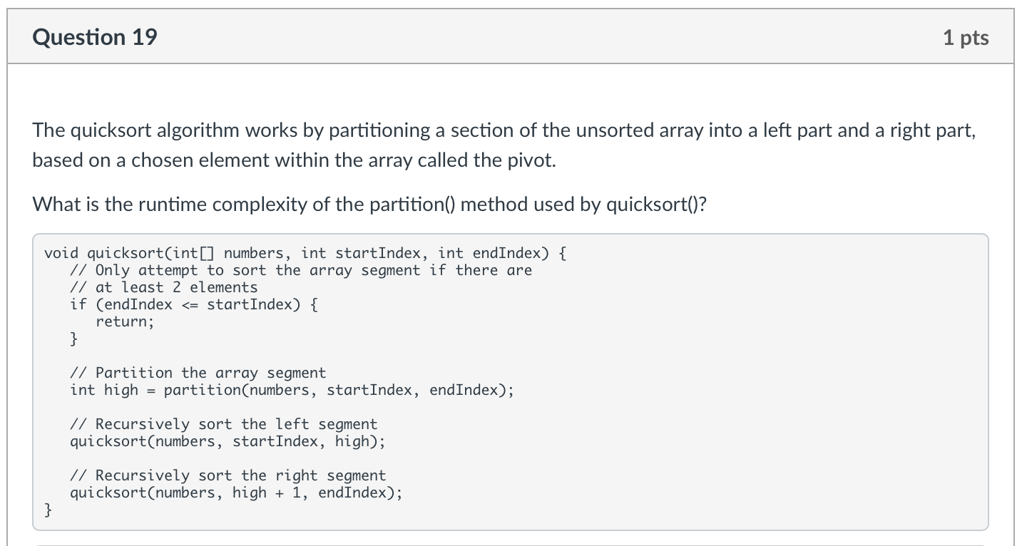 Solved The quicksort algorithm works by partitioning a | Chegg.com