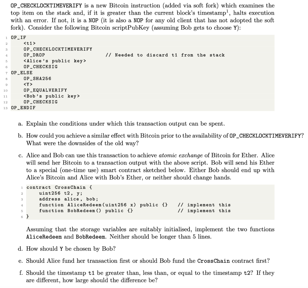 Solved 2 OP_CHECKLOCKTIMEVERIFY is a new Bitcoin instruction | Chegg.com