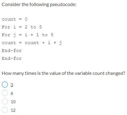 Solved Consider the following pseudocode: count = 0 For i = | Chegg.com