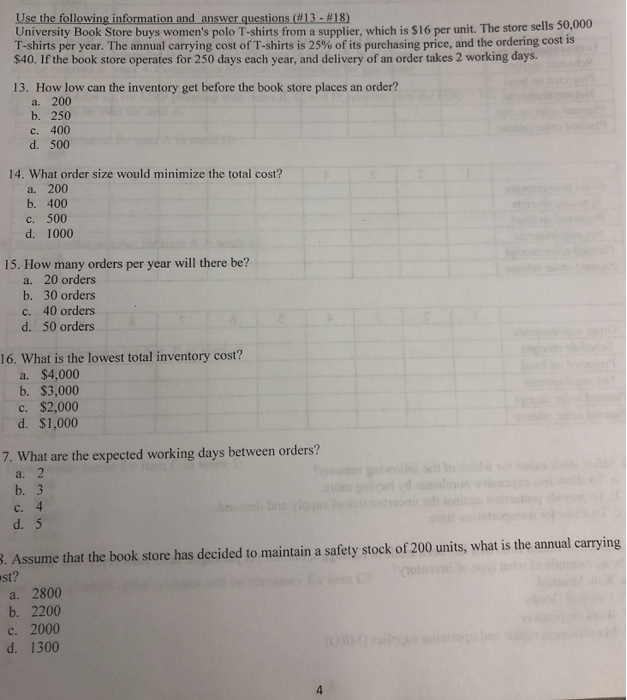 Solved Use the following information and answer questions | Chegg.com