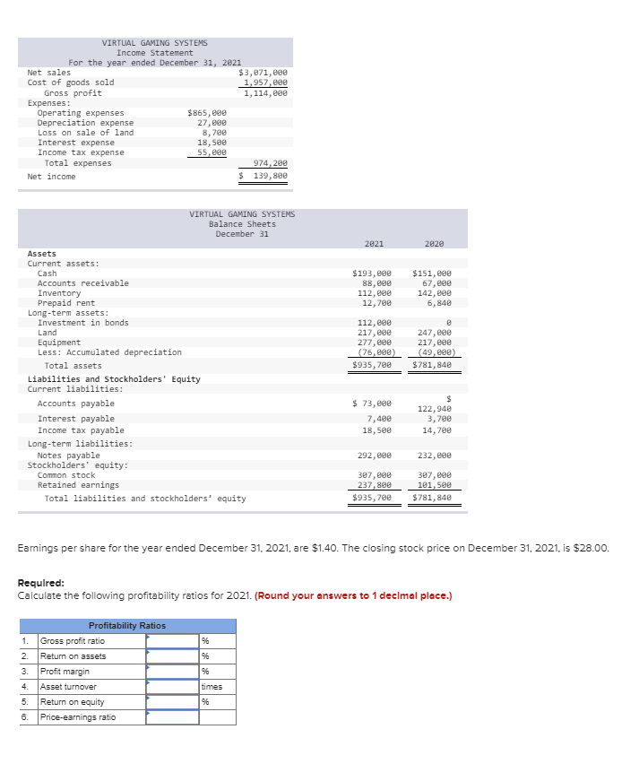 Solved VIRTUAL GAMING SYSTEMS Income Statement For the year | Chegg.com