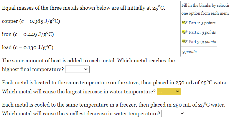 Solved Equal masses of the three metals shown below are all | Chegg.com