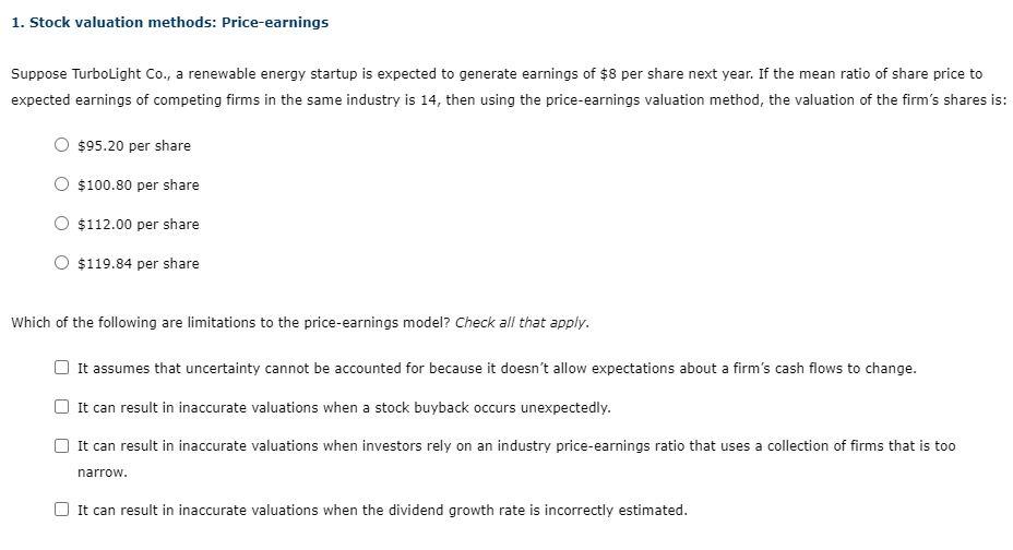 Solved 1. Stock valuation methods: Price-earnings Suppose Solved 1. Stock valuation methods: Price-earnings Suppose