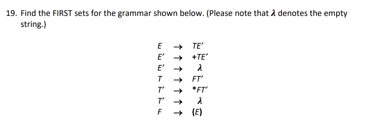 Solved 19. Find the FIRST sets for the grammar shown below. | Chegg.com
