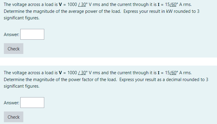 Solved The Voltage Across A Load Is V 1000 30 V Rms Chegg Com