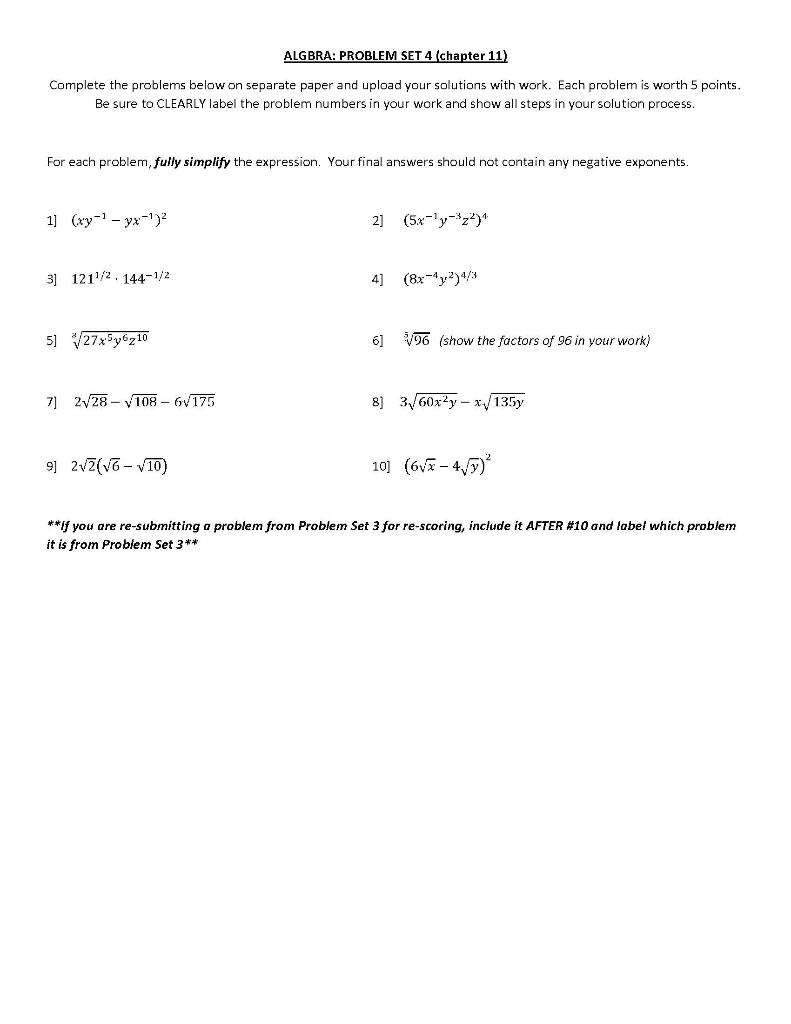 Solved ALGBRA: PROBLEM SET 4 (chapter 11) Complete the | Chegg.com