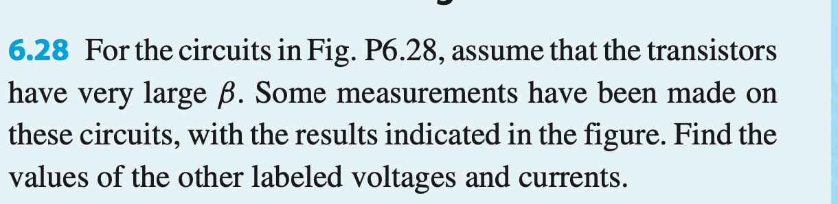 \( 6.28 \) For the circuits in Fig. P6.28, assume that the transistors have very large \( \beta \). Some measurements have be