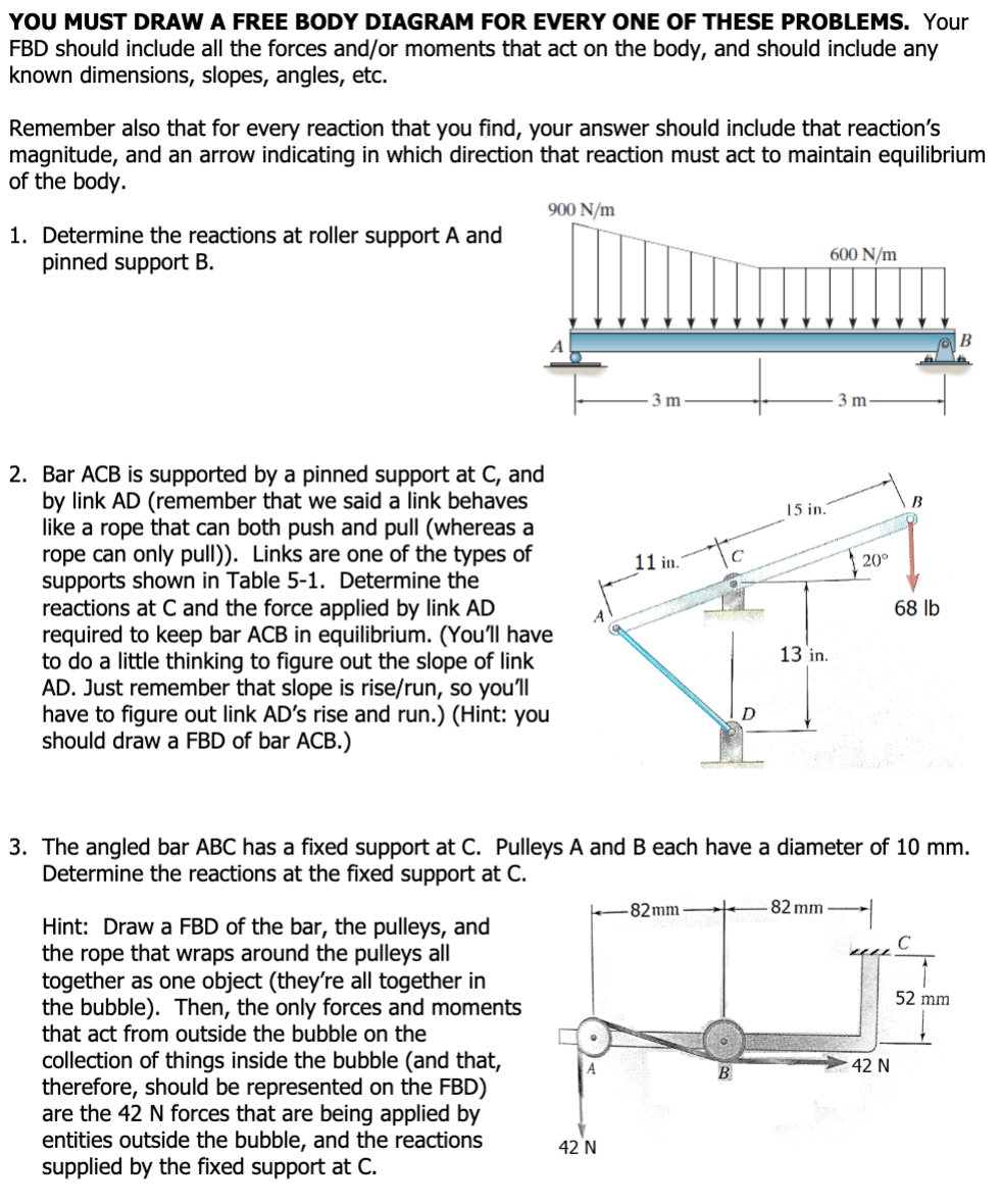 YOU MUST DRAW A FREE BODY DIAGRAM FOR EVERY ONE OF THESE PROBLEMS. Your
FBD should include all the forces and/or moments that