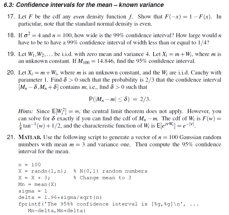 Solved 6.3: Confidence intervals for the mean - known | Chegg.com