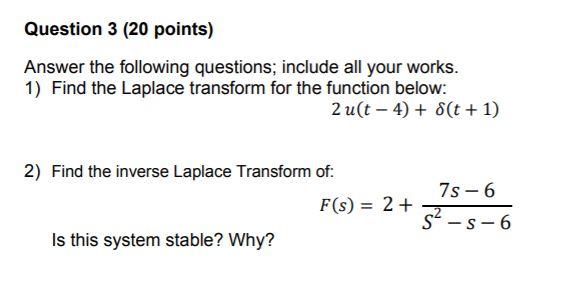 Solved Question 3 (20 points) Answer the following | Chegg.com