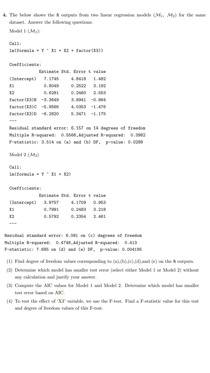 4. The below shows the R outputs from two linear | Chegg.com