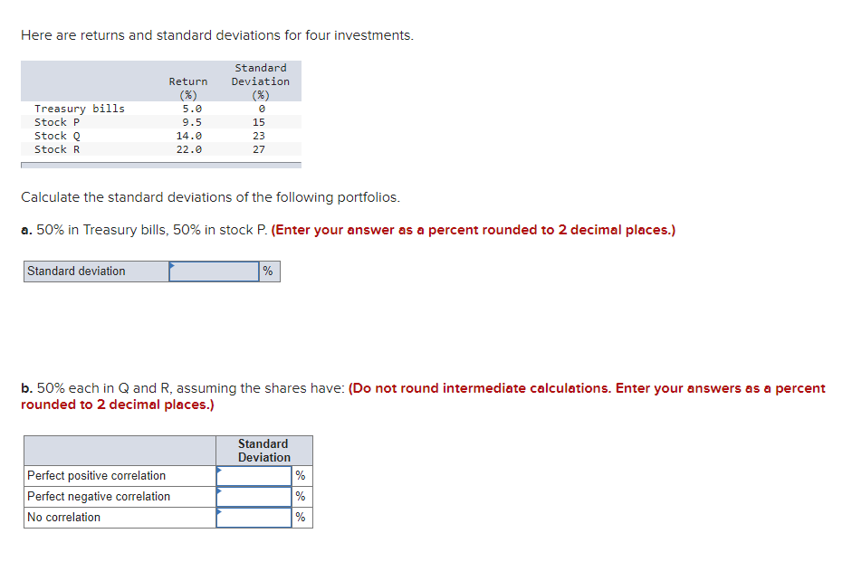 Solved Here are returns and standard deviations for four | Chegg.com