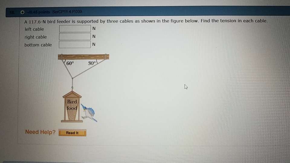 Solved A 117.6N bird feeder is supported by three cables as