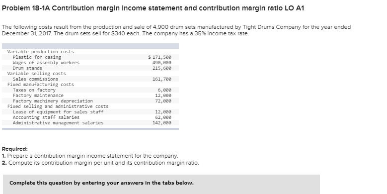 Solved Problem 18 1a Contribution Margin Income Statement 