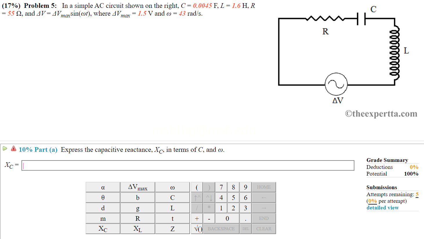 Solved 17 Problem 5 In A Simple Ac Circuit Shown On T Chegg Com