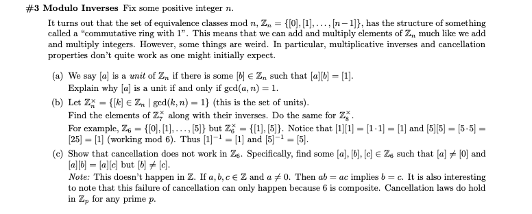 Solved #3 Modulo Inverses Fix some positive integer n. It | Chegg.com