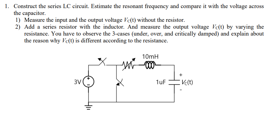 1. Construct the series LC circuit. Estimate the resonant frequency and compare it with the voltage across the capacitor.
1)