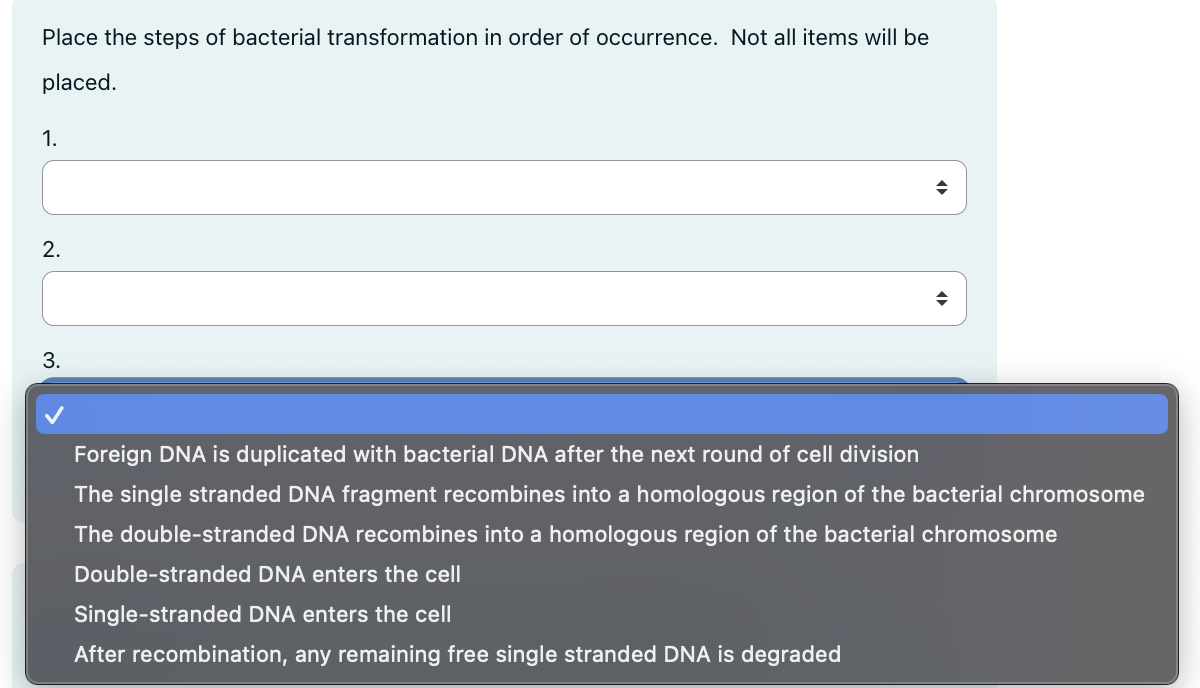 Solved Place the steps of bacterial transformation in order | Chegg.com