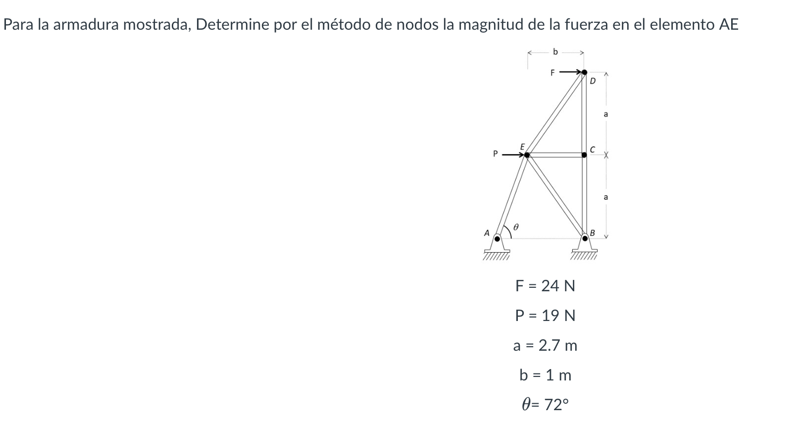 Para la armadura mostrada, Determine por el método de nodos la magnitud de la fuerza en el elemento AE \[ \begin{array}{c} F=