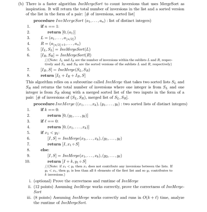 Solved (b) There is a faster algorithm InvMergeSort to count | Chegg.com