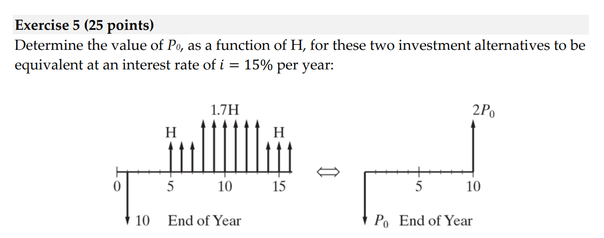 Determine the value of \( P_{0} \), as a function of \( \mathrm{H} \), for these two investment alternatives to be equivalent