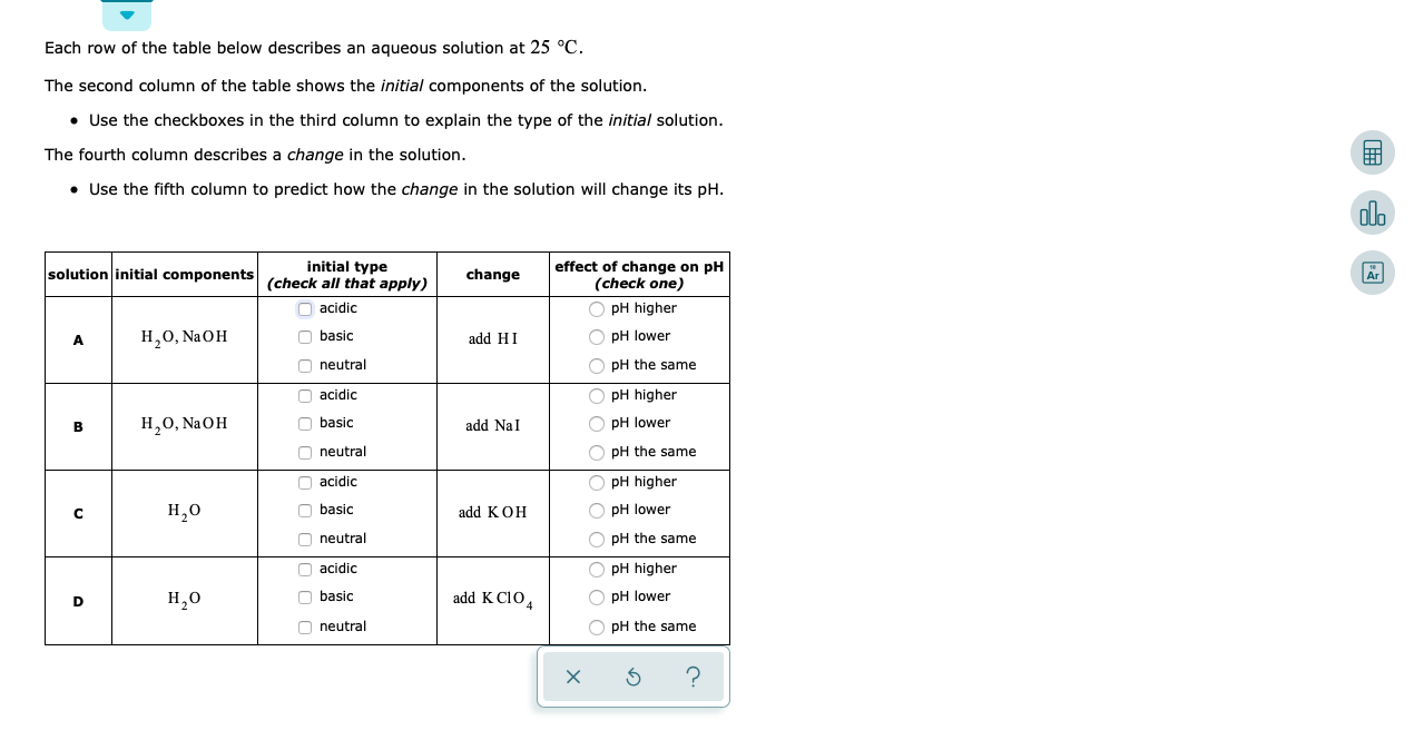 Solved Each row of the table below describes an aqueous Chegg