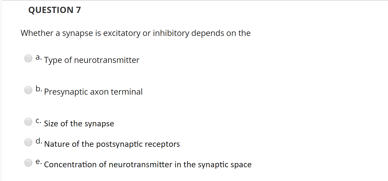 Solved QUESTION 7 Whether a synapse is excitatory or