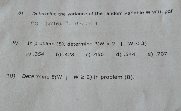 Solved Determine the variance of the random variable W with | Chegg.com