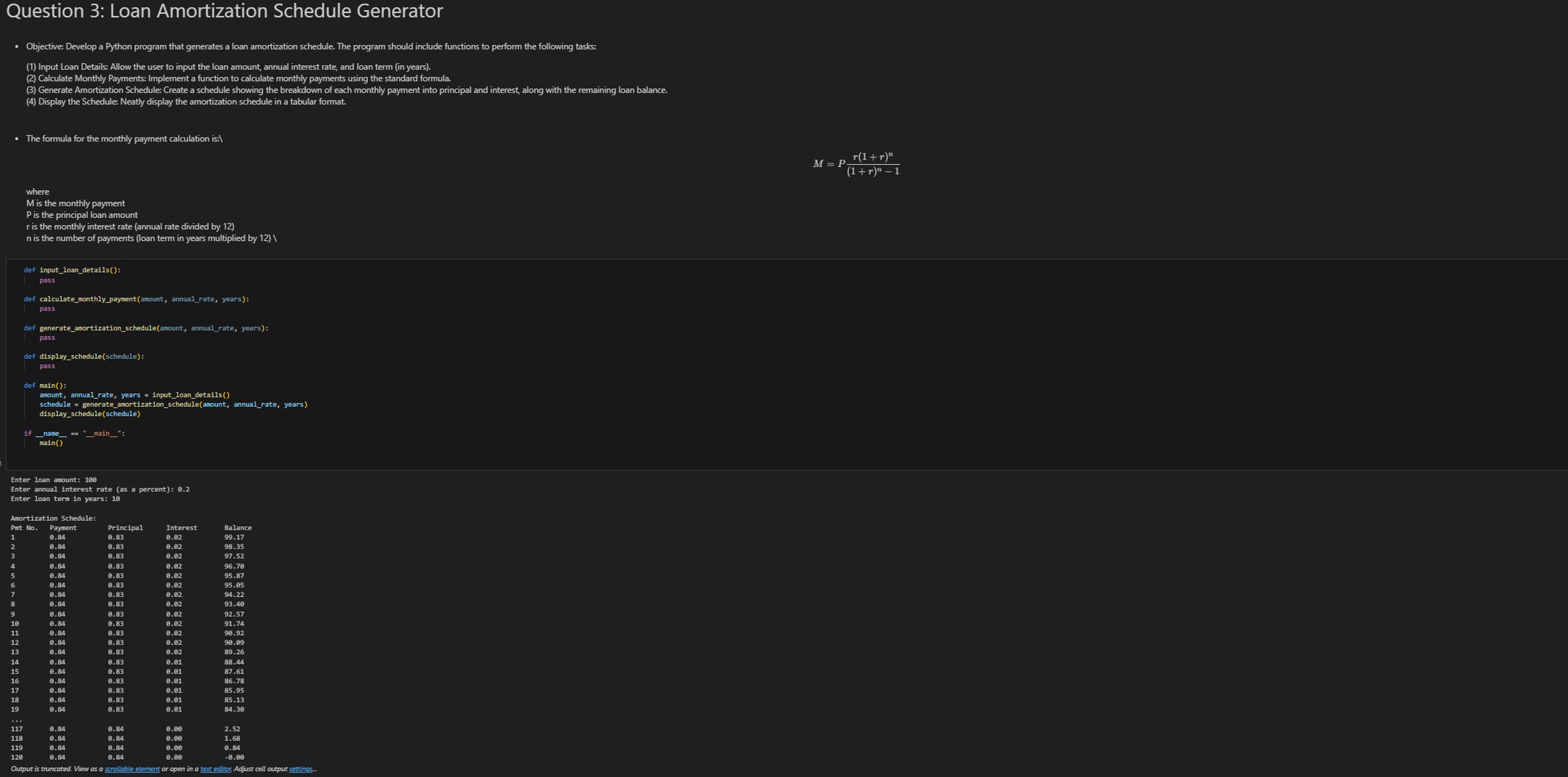Solved Question 3: Loan Amortization Schedule Generator• | Chegg.com