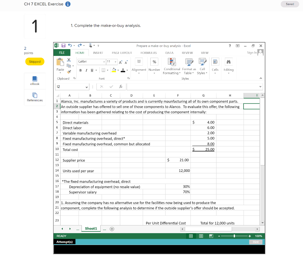 Solved CH 7 EXCEL Exercise I Saved 1 1. Complete The | Chegg.com