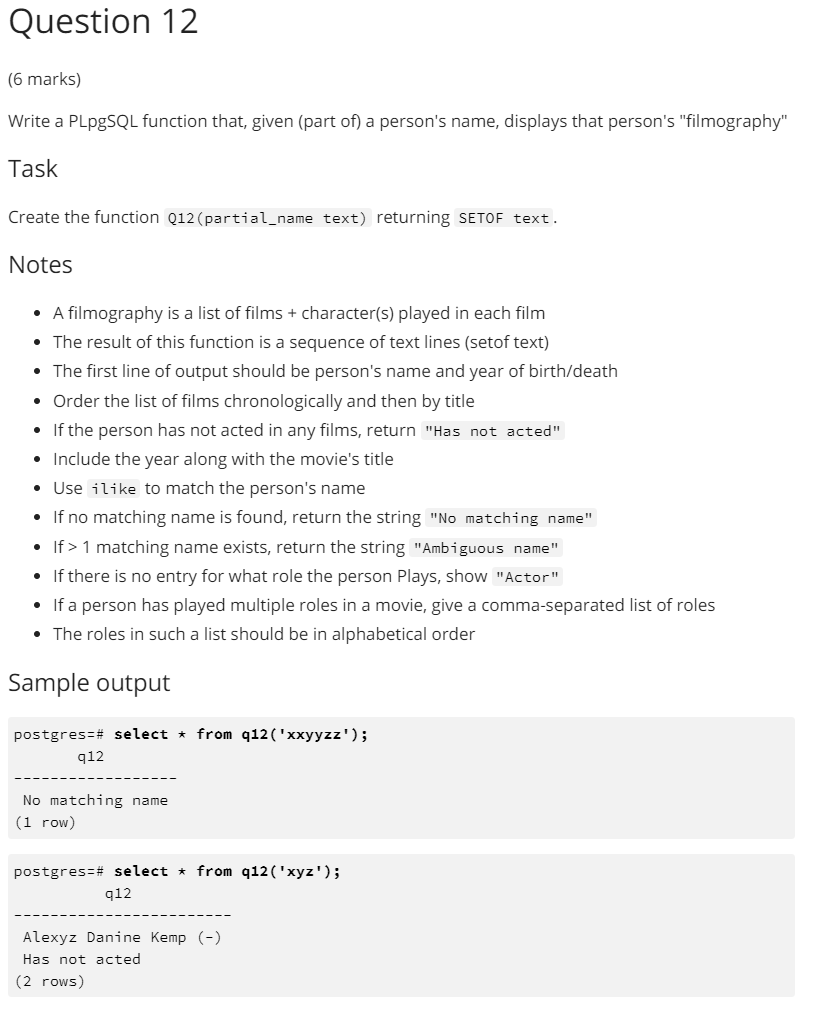 Question 12 (6 marks) Write a PLpgSQL function that, | Chegg.com