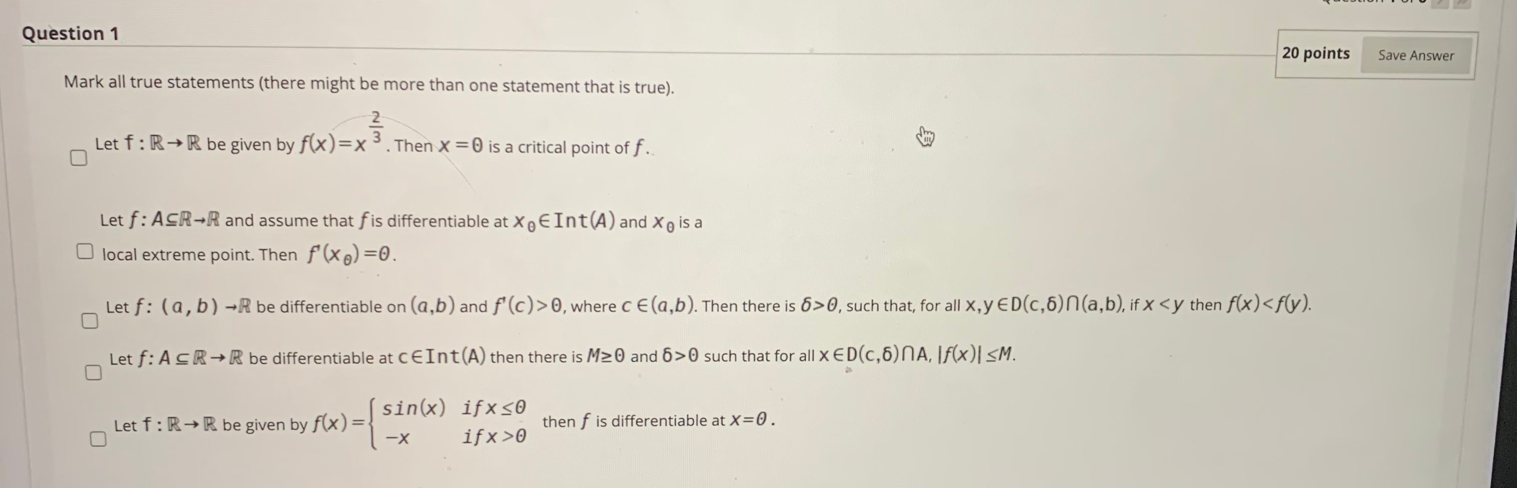 Solved Question 1 20 points Save Answer Mark all true | Chegg.com