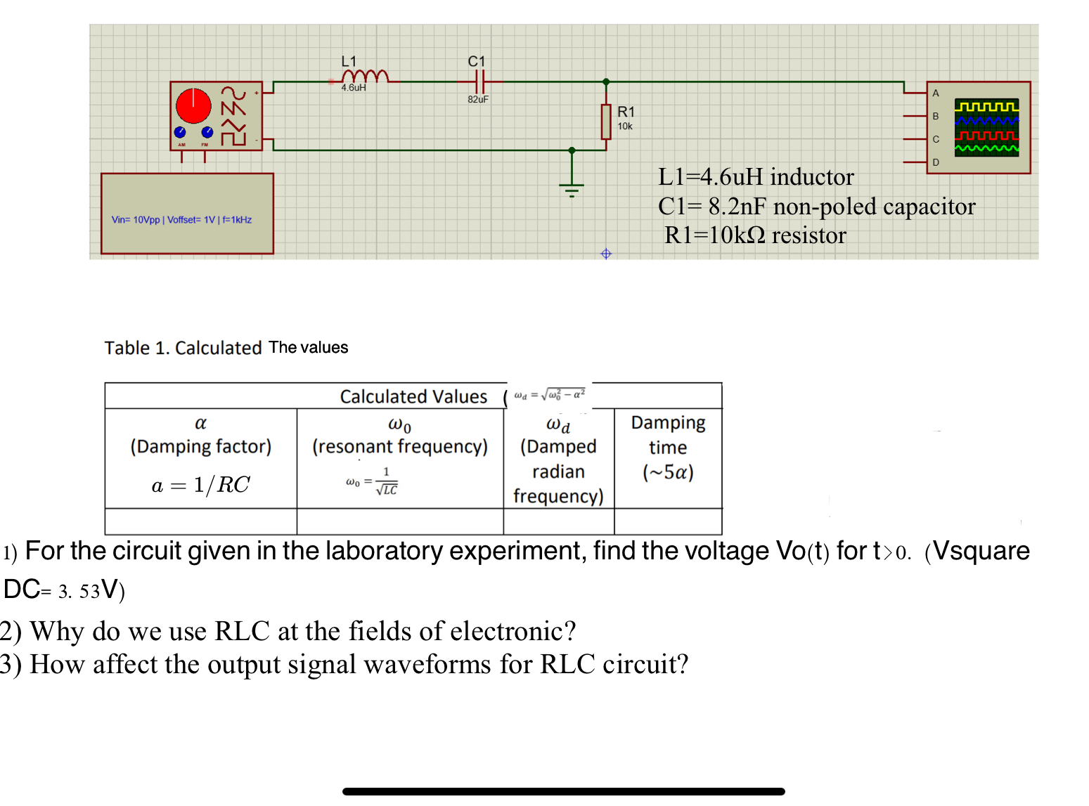Solved Circuit theory-1 RLC ﻿circuit undamped response lab | Chegg.com