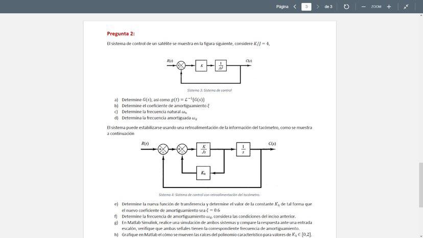 Pregunta 2: El sistema de control de un satelite se muestra en la figura siguiente, considere \( K / J=4 \), a) Determine \(