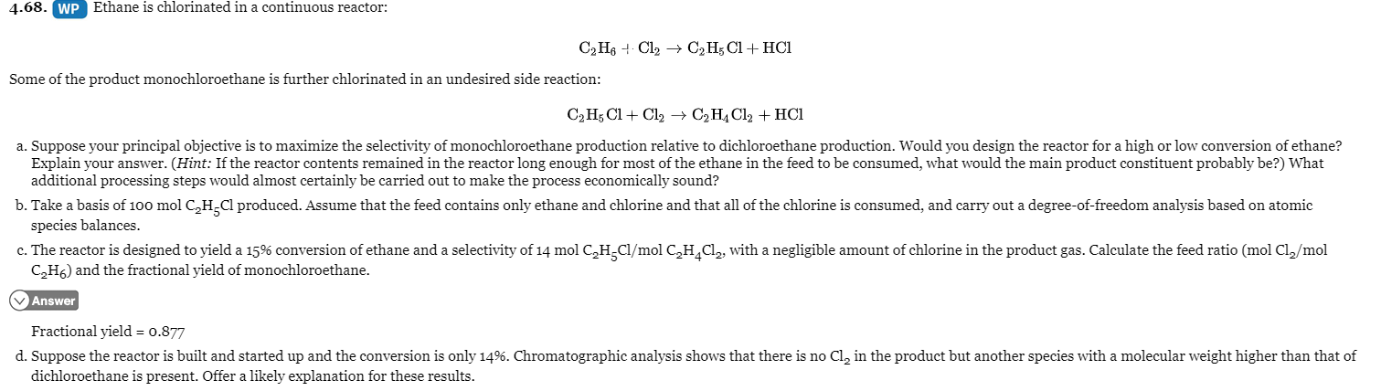 Solved 4.68. WP Ethane is chlorinated in a continuous Chegg