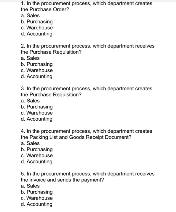 Solved 1. In The Procurement Process, Which Department | Chegg.com